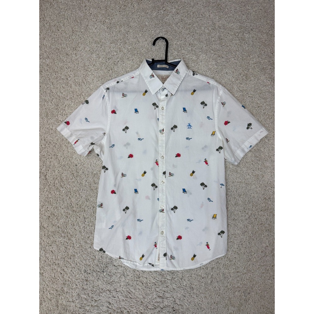 Pequin Shirt Mens Medium White Button Down Beach Tropical Drinks Vacation